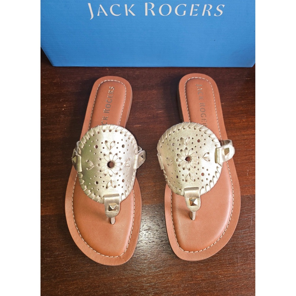 Jack Rogers Georgica Mae Sandal Women 6.5 Platinum Gold Studded Whipstitch Slide